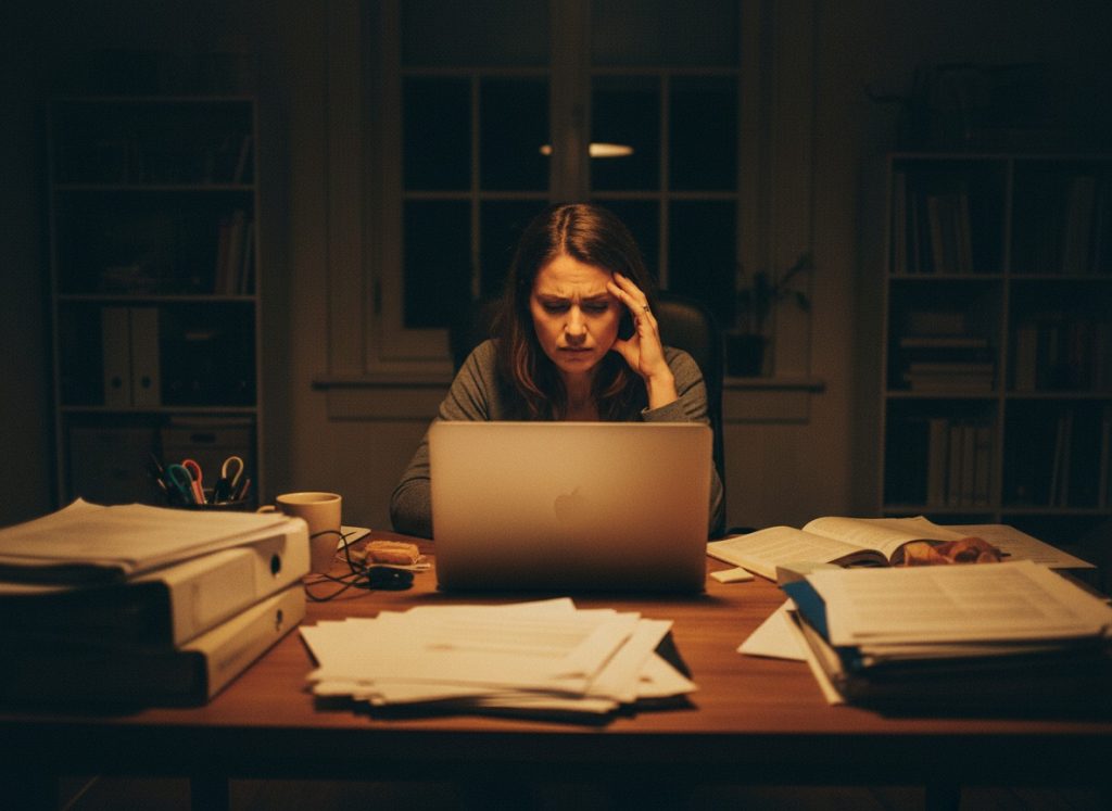 Mulher empreendedora sentindo o peso da carga mental e do estresse afetando a libido feminino.
