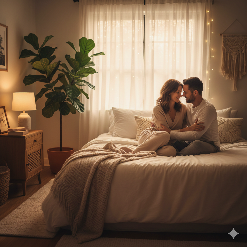 Casal abraçado em um quarto aconchegante com velas, ilustrando a importância da conexão emocional e do ambiente para a libido.