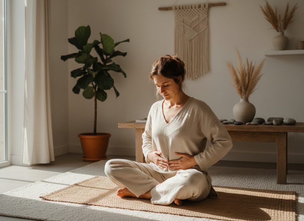 Mulher praticando exercícios de conexão corporal e assoalho pélvico para a libido.