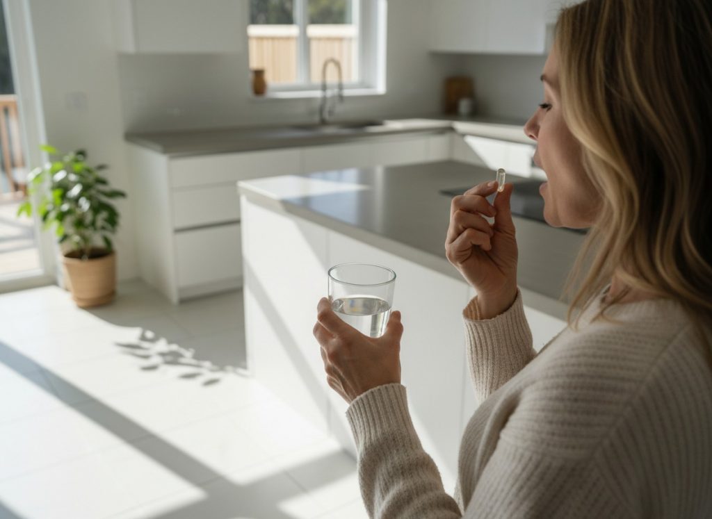 Mulher incorporando suplementos e vitaminas na sua rotina diária de saúde e bem-estar sexual.