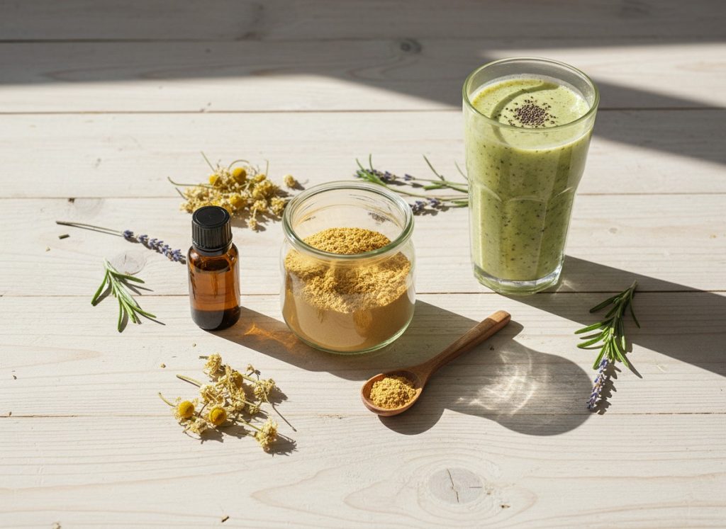 Suplementos naturais e fitoterápicos como Maca Peruana para apoio à libido feminina.