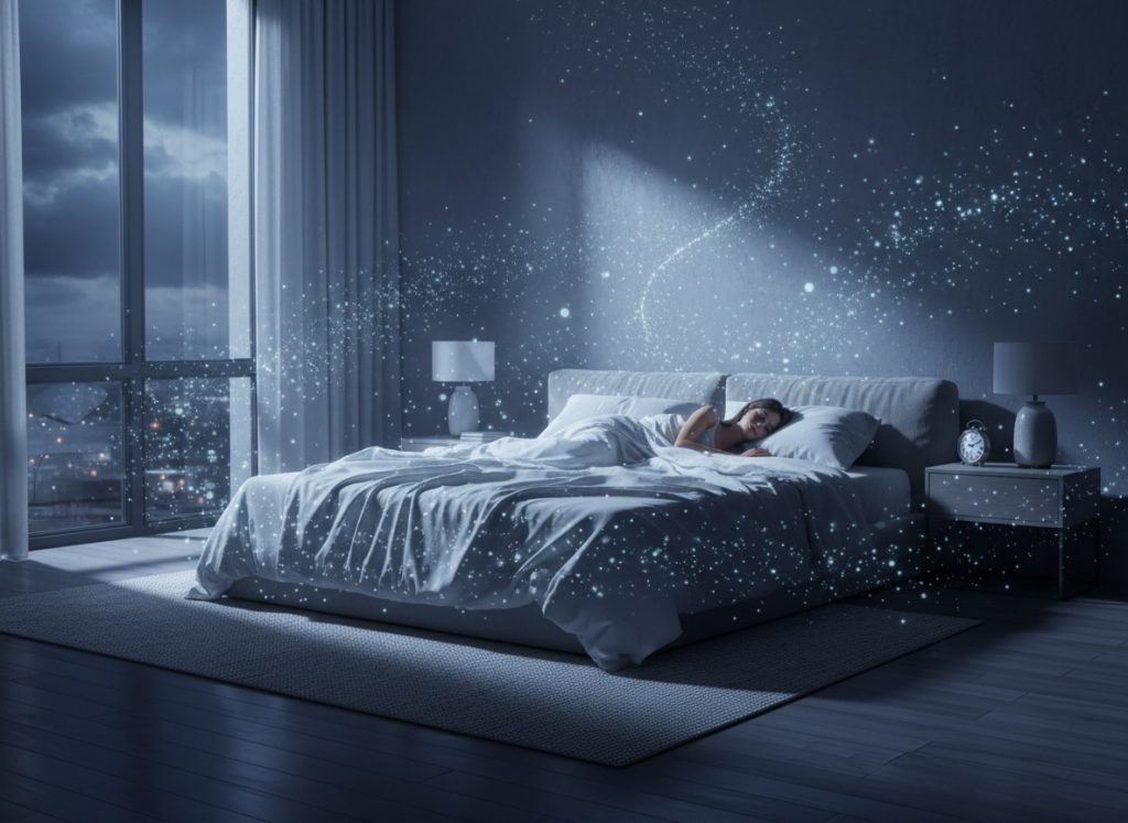 Mulher dormindo profundamente, representando o papel do sono reparador na regulação hormonal e no aumento da libido.