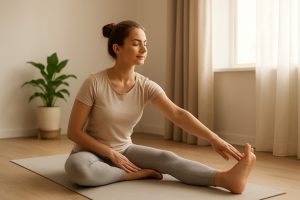 Mulher praticando alongamento leve em casa, simbolizando o preparo físico e emocional para retomar a vida sexual após o parto.