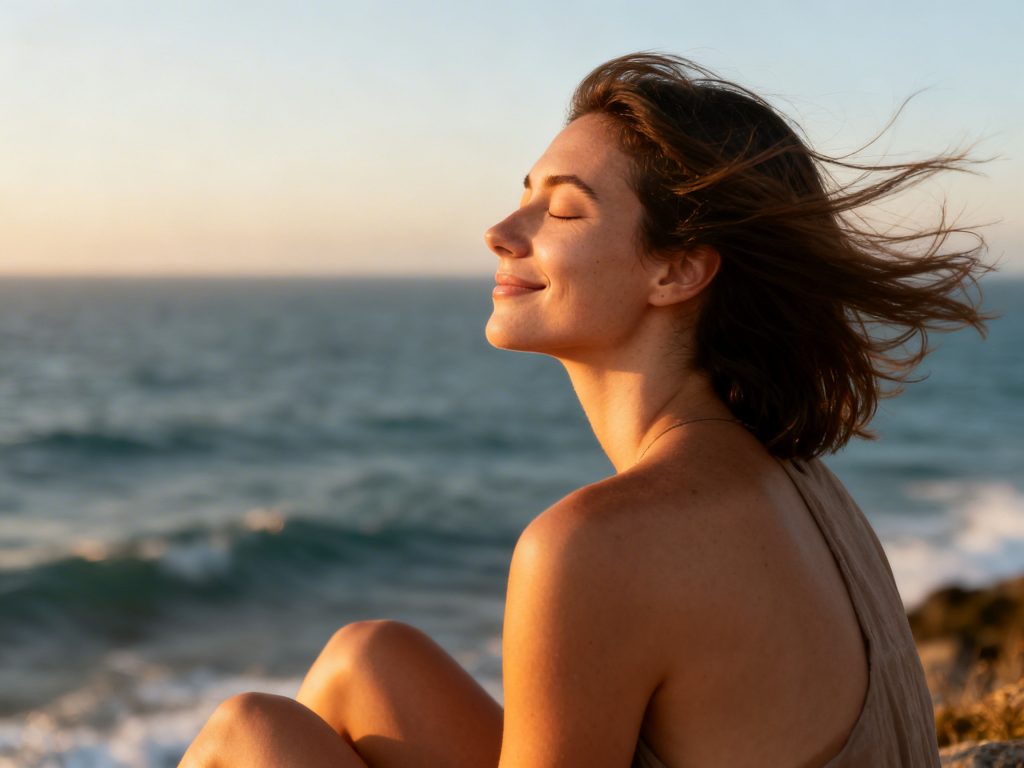 Mulher vivenciando a presença e a autenticidade após vencer a síndrome do impostor.