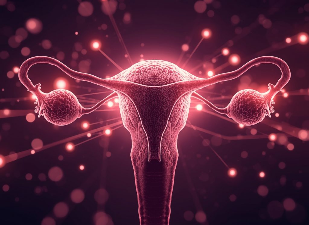 Representação artística dos hormónios femininos e sua ligação com o cérebro, ilustrando a complexidade da libido na menopausa.