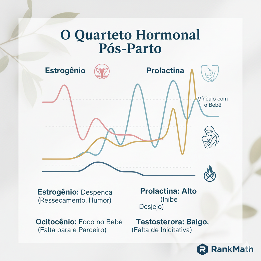 Gráfico ilustrando a flutuação hormonal feminina e libido no pós-parto: estrogênio baixo, prolactina alta.