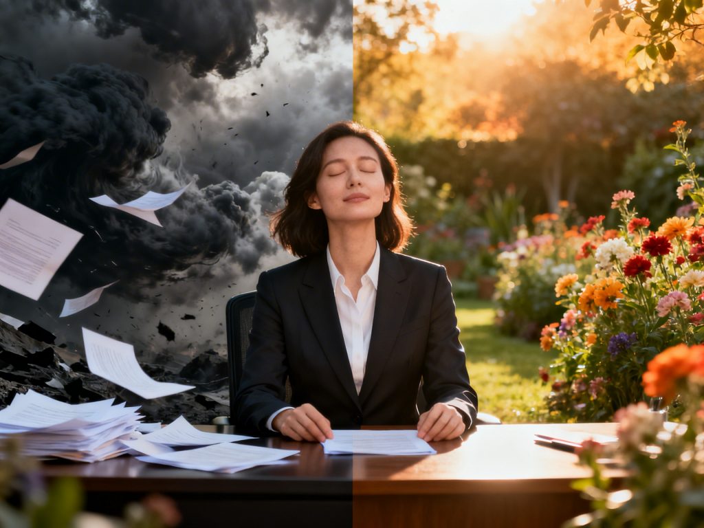 Mulher praticando estratégias de regulação emocional no trabalho para manter o equilíbrio.