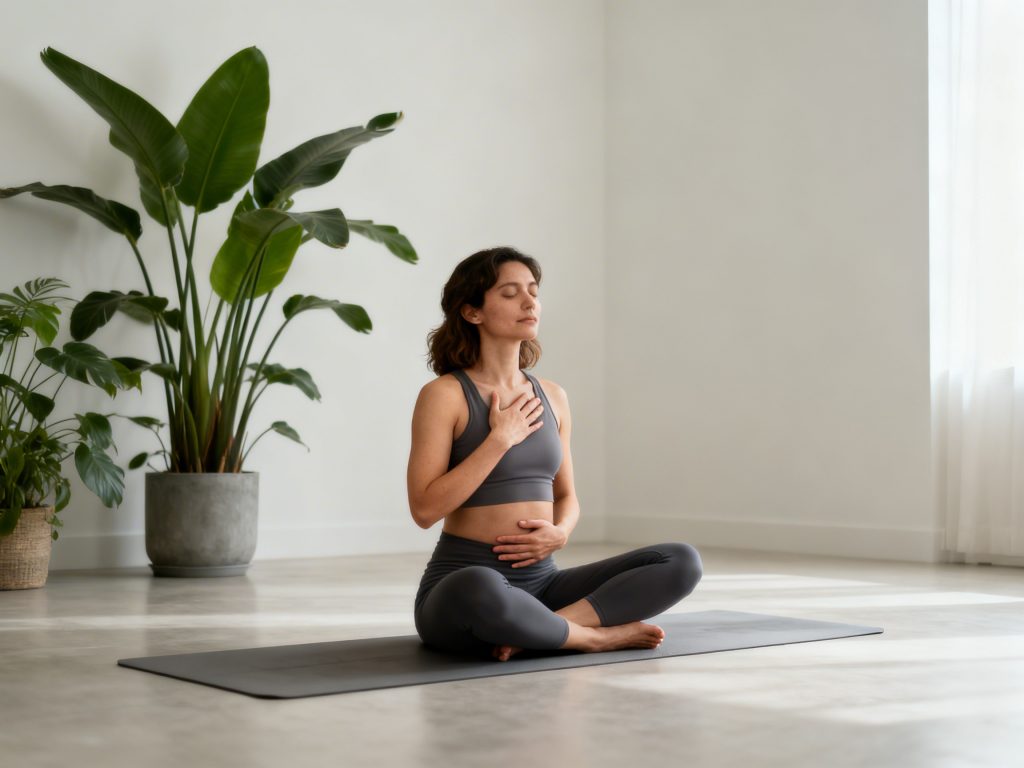 Mulher praticando respiração diafragmática para relaxar a pelve e ter prazer sem dor.