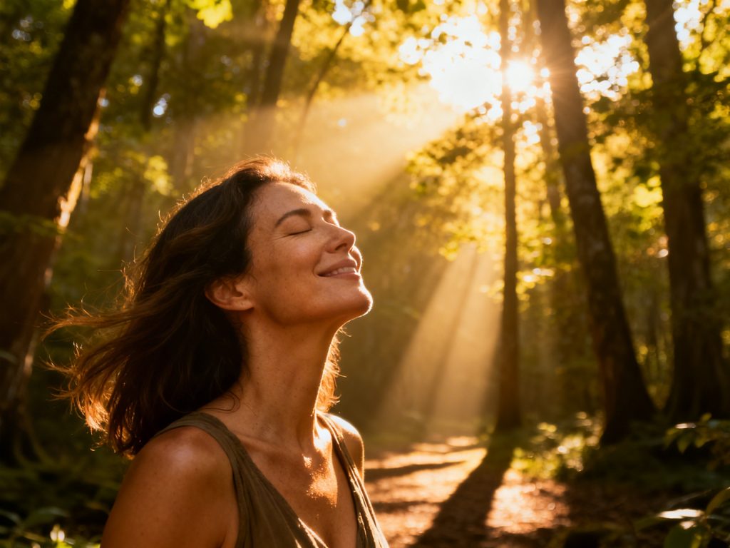 Mulher conectada com sua biologia e vitalidade através do autoconhecimento dos sinais de ovulação.