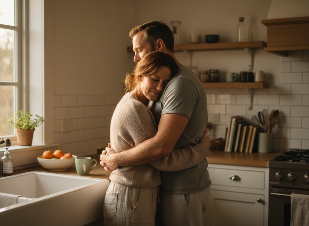 Abraço de 20 segundos como técnica de toque sem pressão no relacionamento para reduzir o estresse.