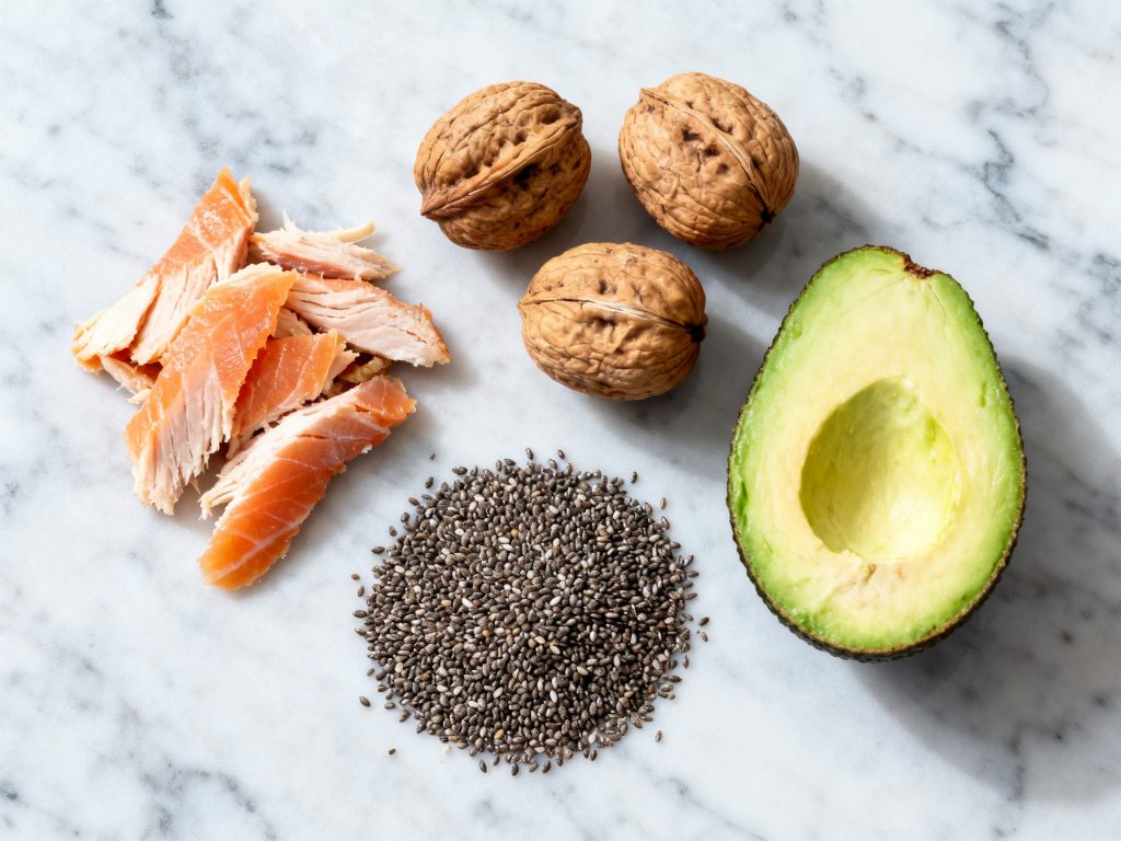 Alimentos ricos em ômega-3 e gorduras boas para melhorar a lubrificação natural e a saúde sexual.