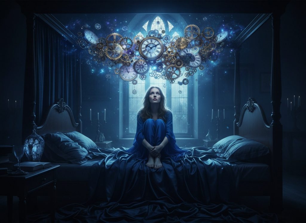 Mulher sofrendo de ansiedade noturna e ruminação, afetando a libido e o sono.