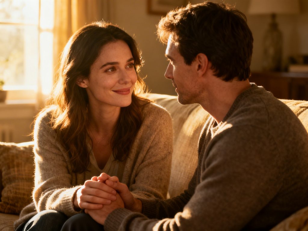 Casal em diálogo para superar bloqueios e usar a terapia sexual para aumentar a libido.