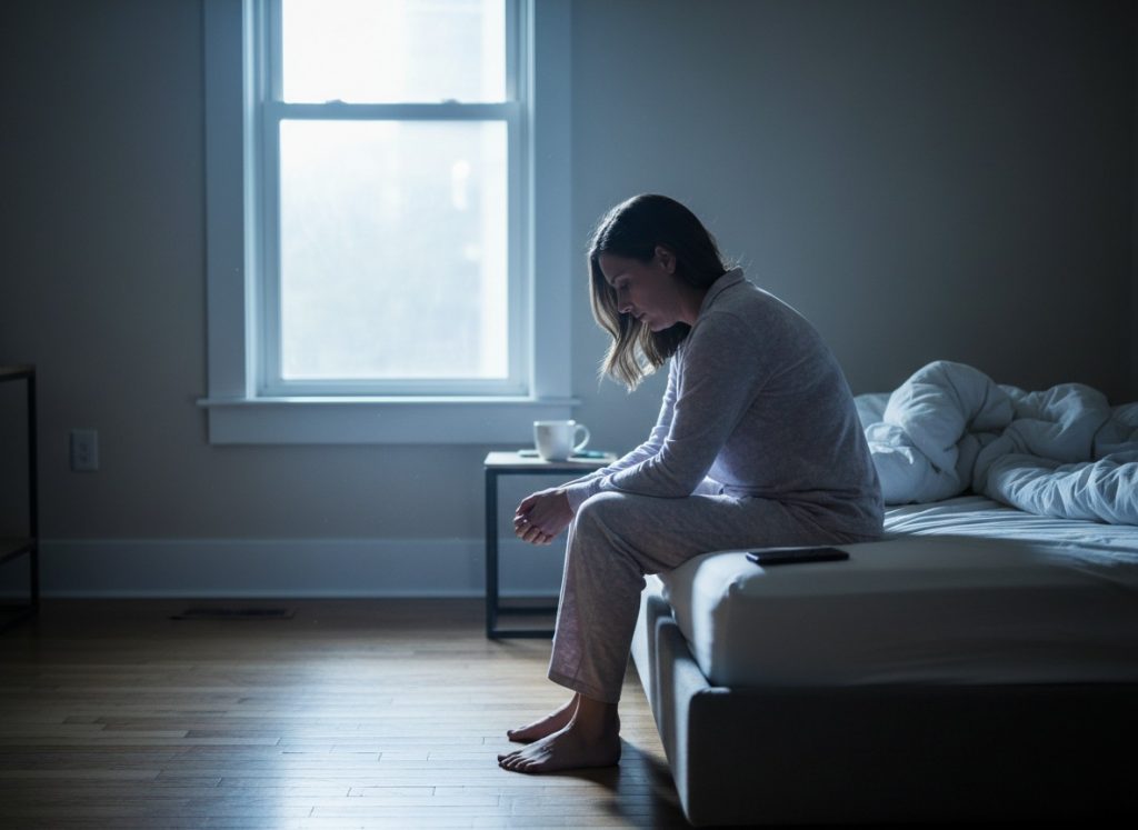 Mulher sentindo fadiga crônica, um dos principais sintomas da relação entre hipotireoidismo e baixa libido feminina.