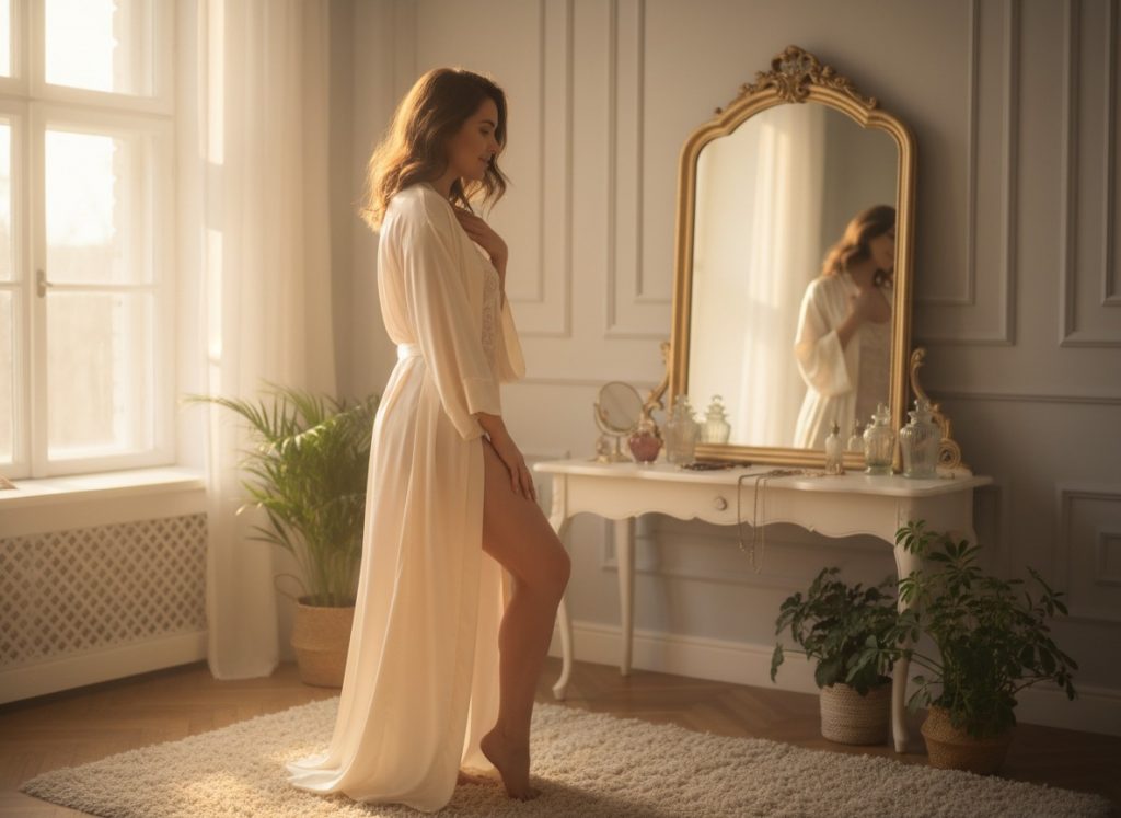 Mulher reconectando-se com sua autoimagem e libido após interromper o uso de anticoncepcionais hormonais.