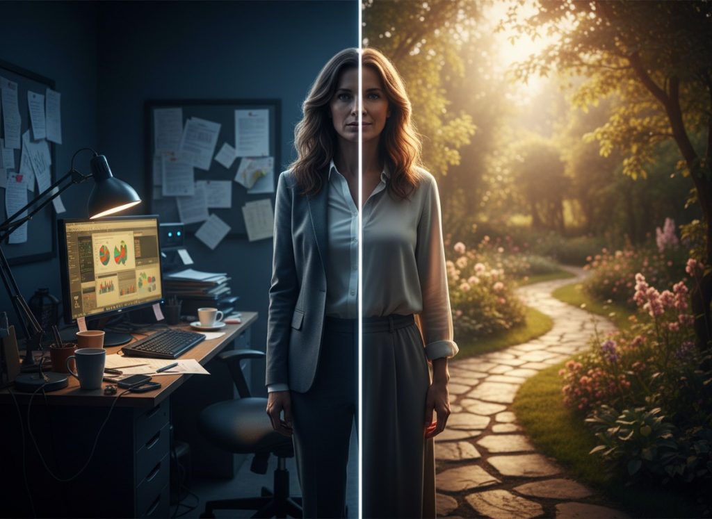 Mulher buscando equilíbrio entre o estresse materno e libido no pós-parto através do autocuidado.