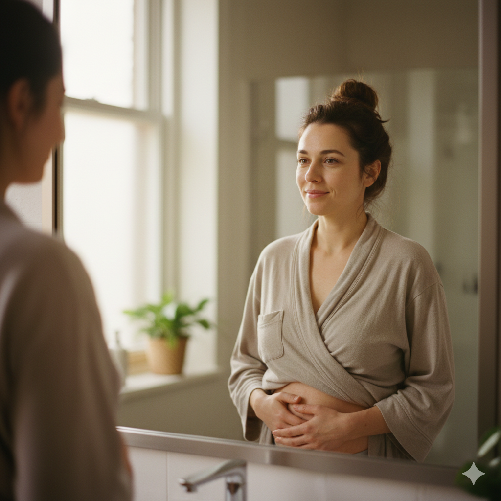 Mãe jovem se olhando no espelho com sorriso gentil, aceitando as mudanças do corpo no pós-parto e praticando o autoamor.