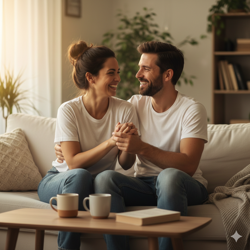 Casal de pais sorrindo e conversando no sofá, simbolizando reconexão e intimidade após o nascimento do bebê.