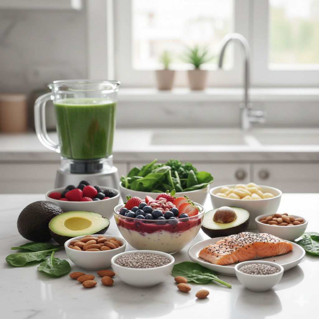 Mesa de cozinha com alimentos afrodisíacos e saudáveis, incluindo bowl de frutas vermelhas, abacate, salmão grelhado, amêndoas e um smoothie verde, representando dieta para aumentar a libido feminina.