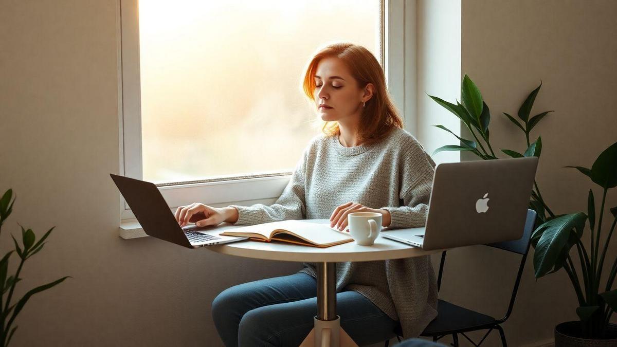 Rotina matinal de autocuidado para mulheres com ansiedade usando técnicas de respiração e journaling antes do trabalho