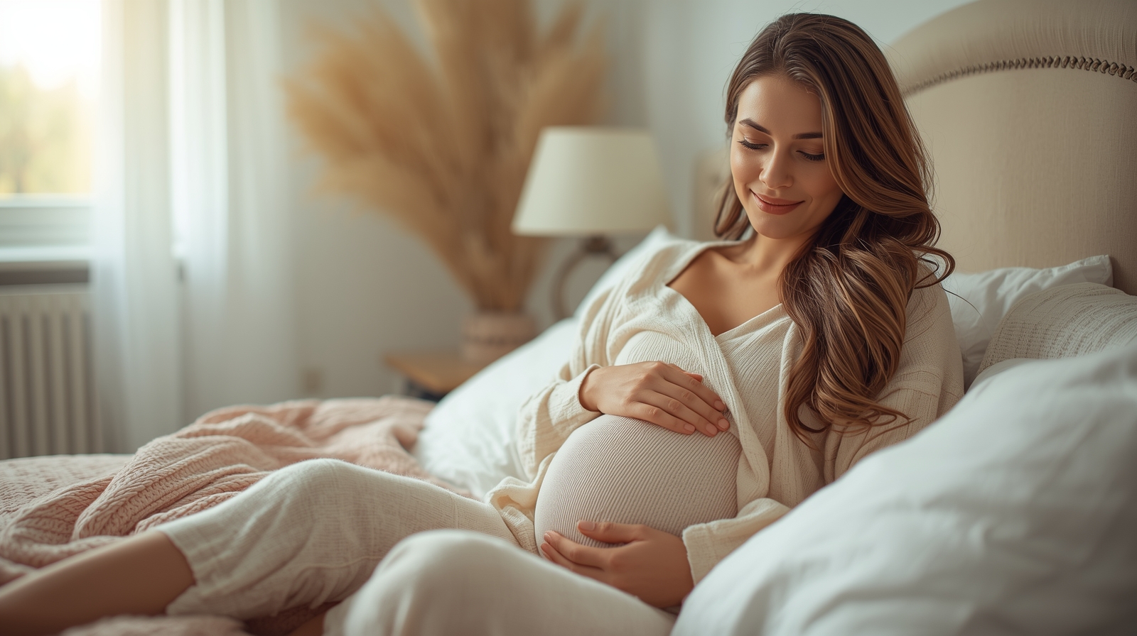 Mulher em um quarto iluminado, sentada na cama com expressão tranquila, representando o momento de recuperação e autoconfiança após o parto normal.