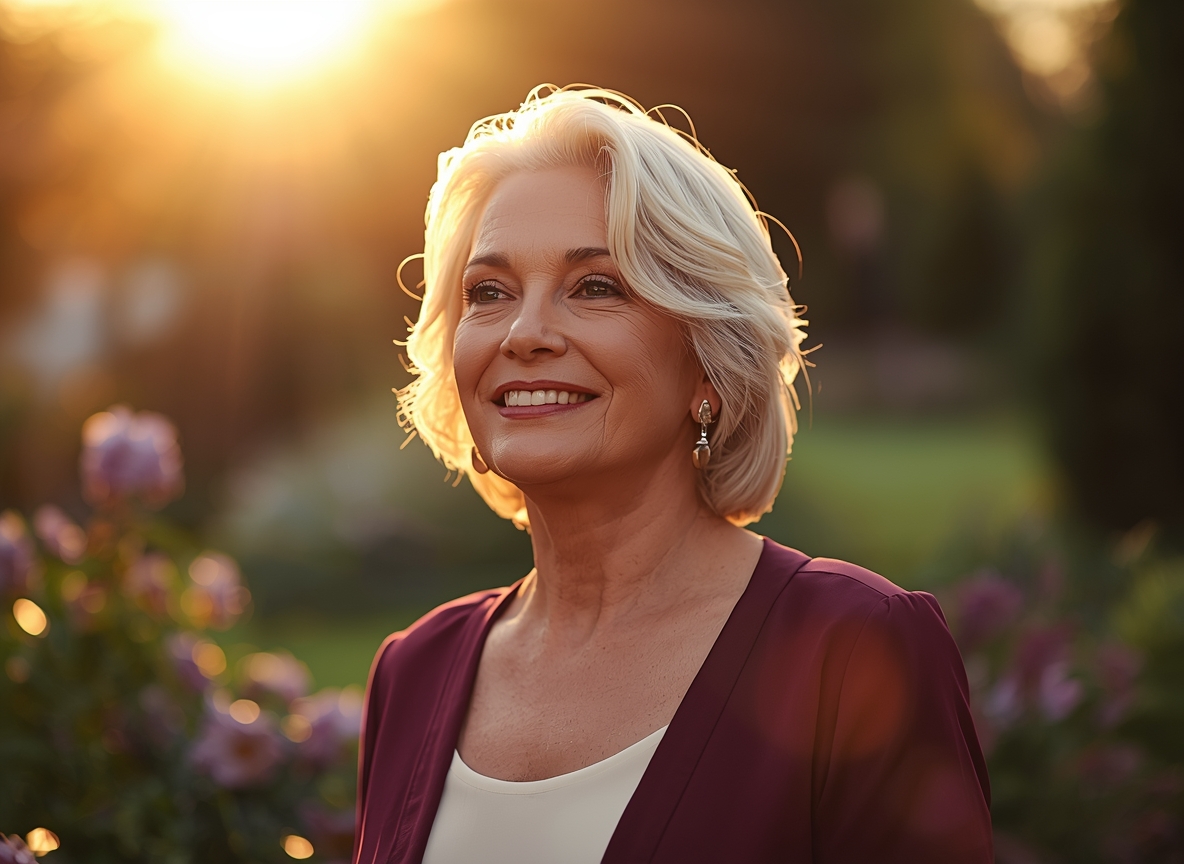 Mulher madura e elegante sorrindo com confiança em um jardim ao pôr do sol, representando a plenitude e a nova fase da libido na menopausa.