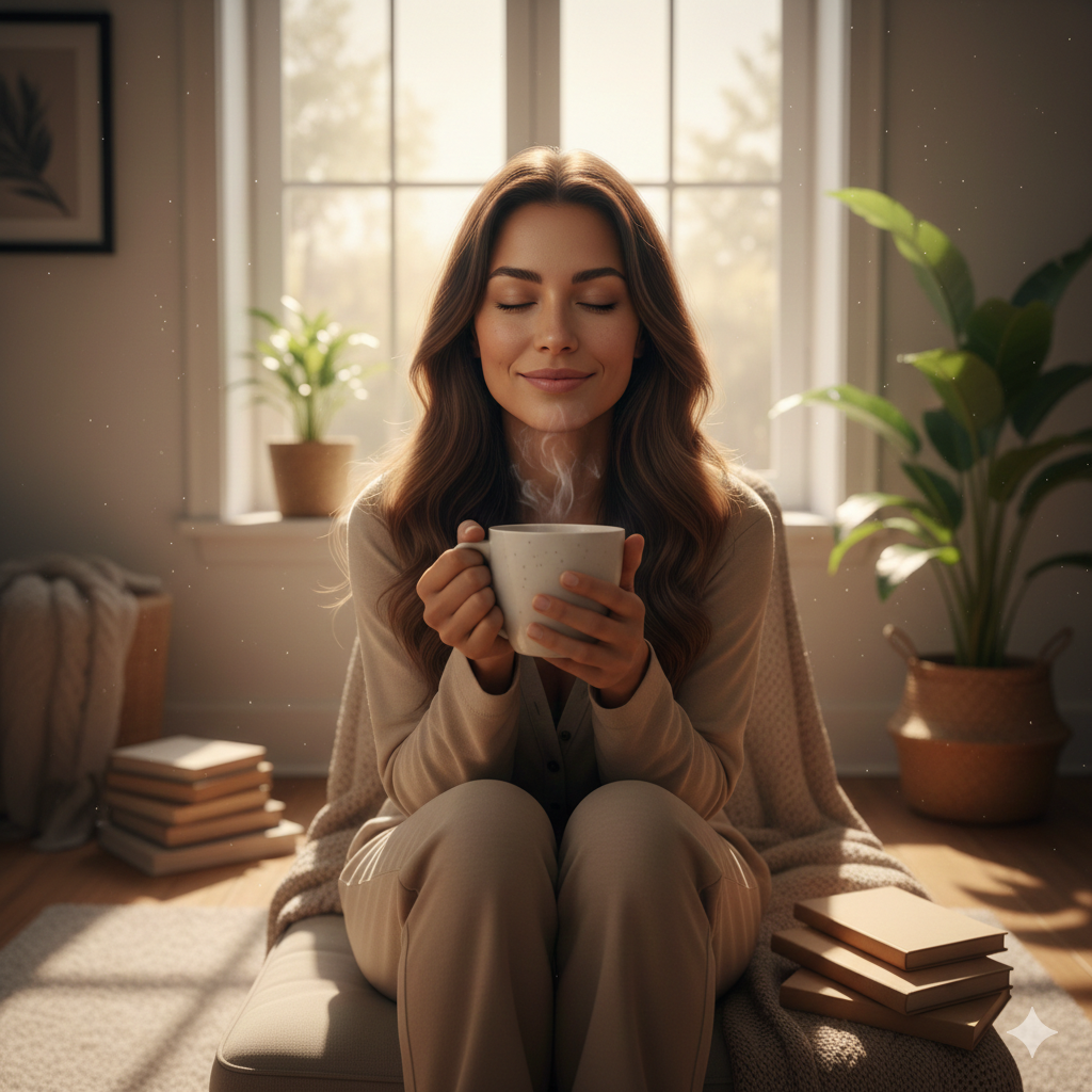Mulher jovem em momento de autocuidado, segurando uma xícara de chá e relaxando perto de uma janela ensolarada, representando bem-estar materno.