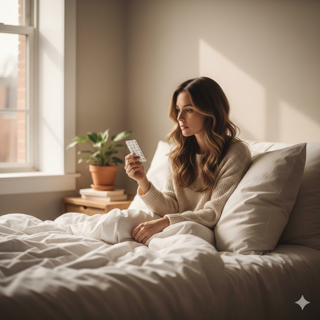 Mulher na casa dos 30 anos sentada na cama em um quarto iluminado pela manhã, segurando uma cartela de pílulas anticoncepcionais e olhando pensativa.