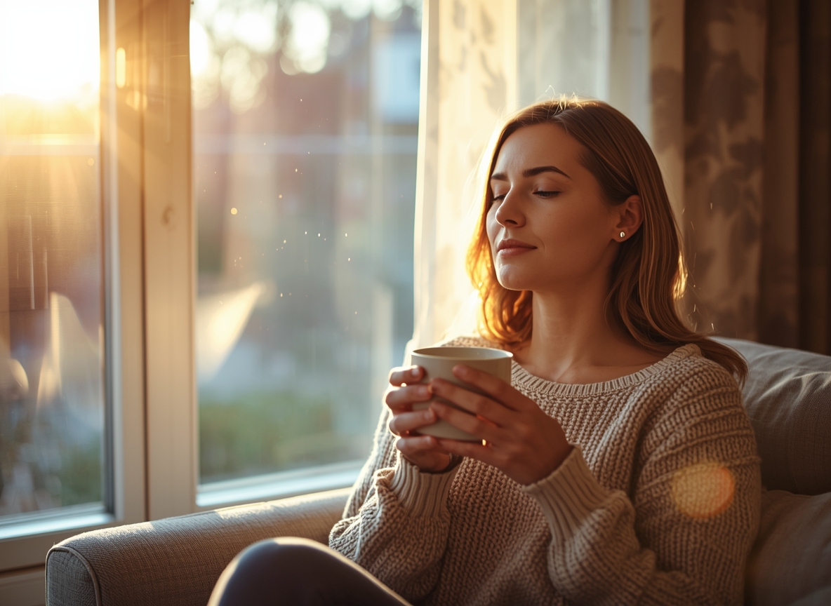 Mulher praticando um momento de pausa e autocuidado para reduzir o estresse materno e recuperar a libido no puerpério