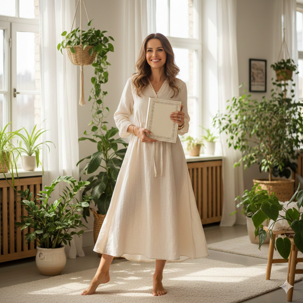 Mulher sorridente e confiante em um ambiente iluminado e natural, representando a saúde e o equilíbrio da libido feminina.