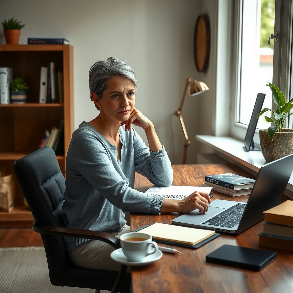 Mulher adulta estudando com calma e foco em um escritório doméstico aconchegante, representando autocompaixão nos estudos