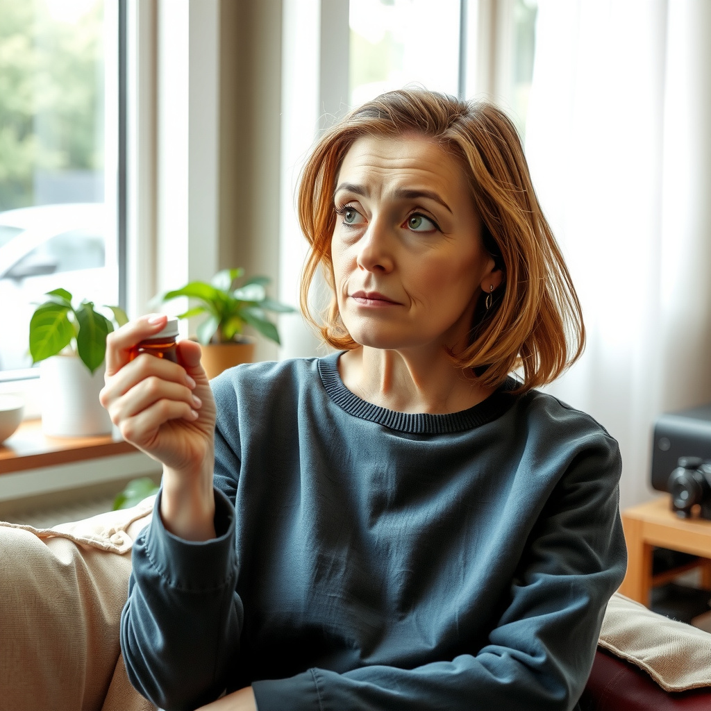Mulher adulta reflete sobre medicação para pressão arterial e sua relação com o bem-estar, incluindo a libido feminina.