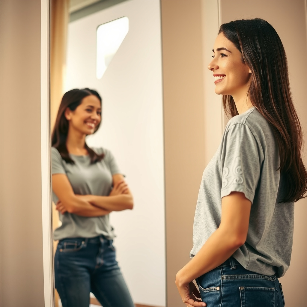 Mulher adulta sorrindo com confiança ao se olhar no espelho, representando autoestima corporal positiva.