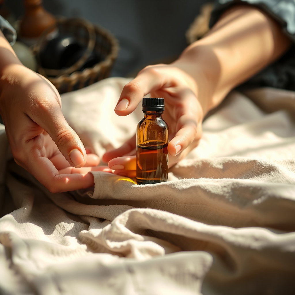 Mãos femininas segurando delicadamente um frasco de óleo natural para cuidados íntimos no pós-parto, sobre tecido de linho.
