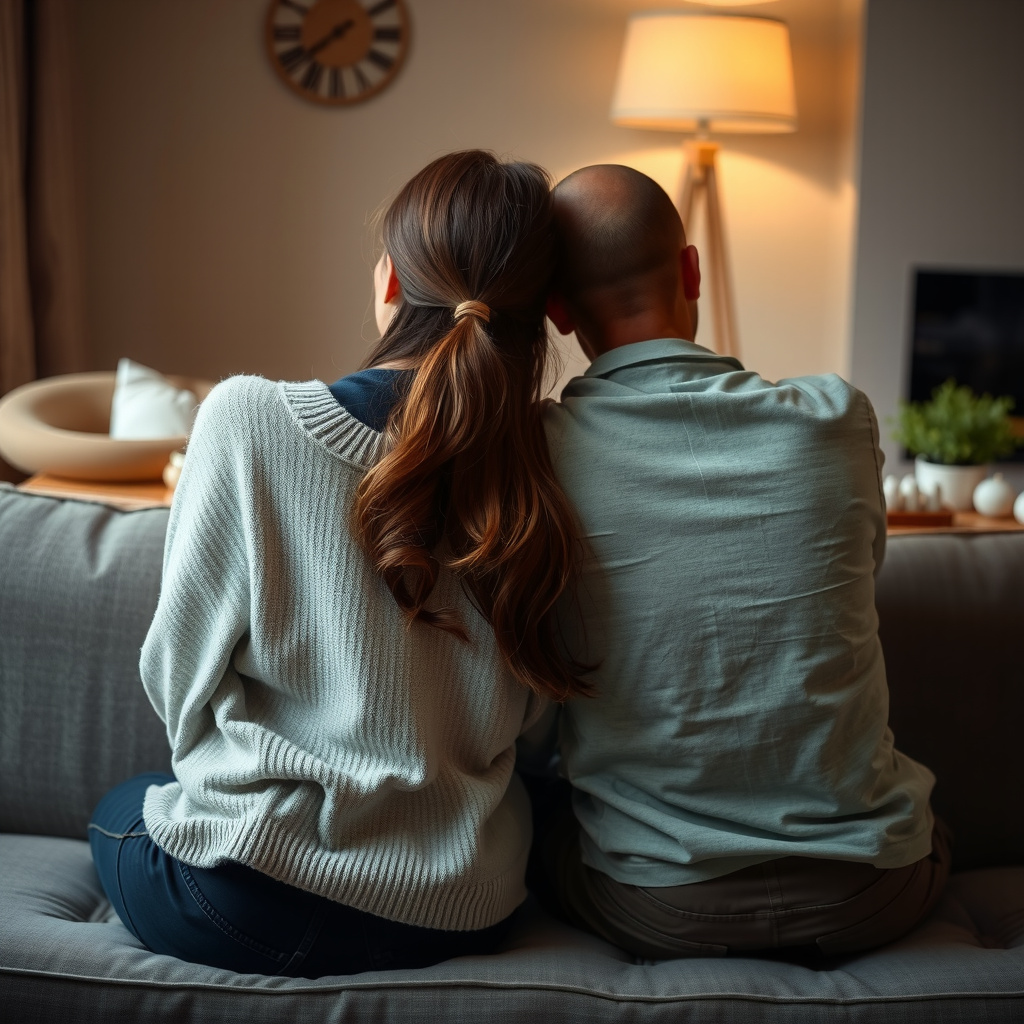 Casal sentado junto no sofá em gesto de carinho e apoio mútuo, representando a importância da comunicação e do vínculo.