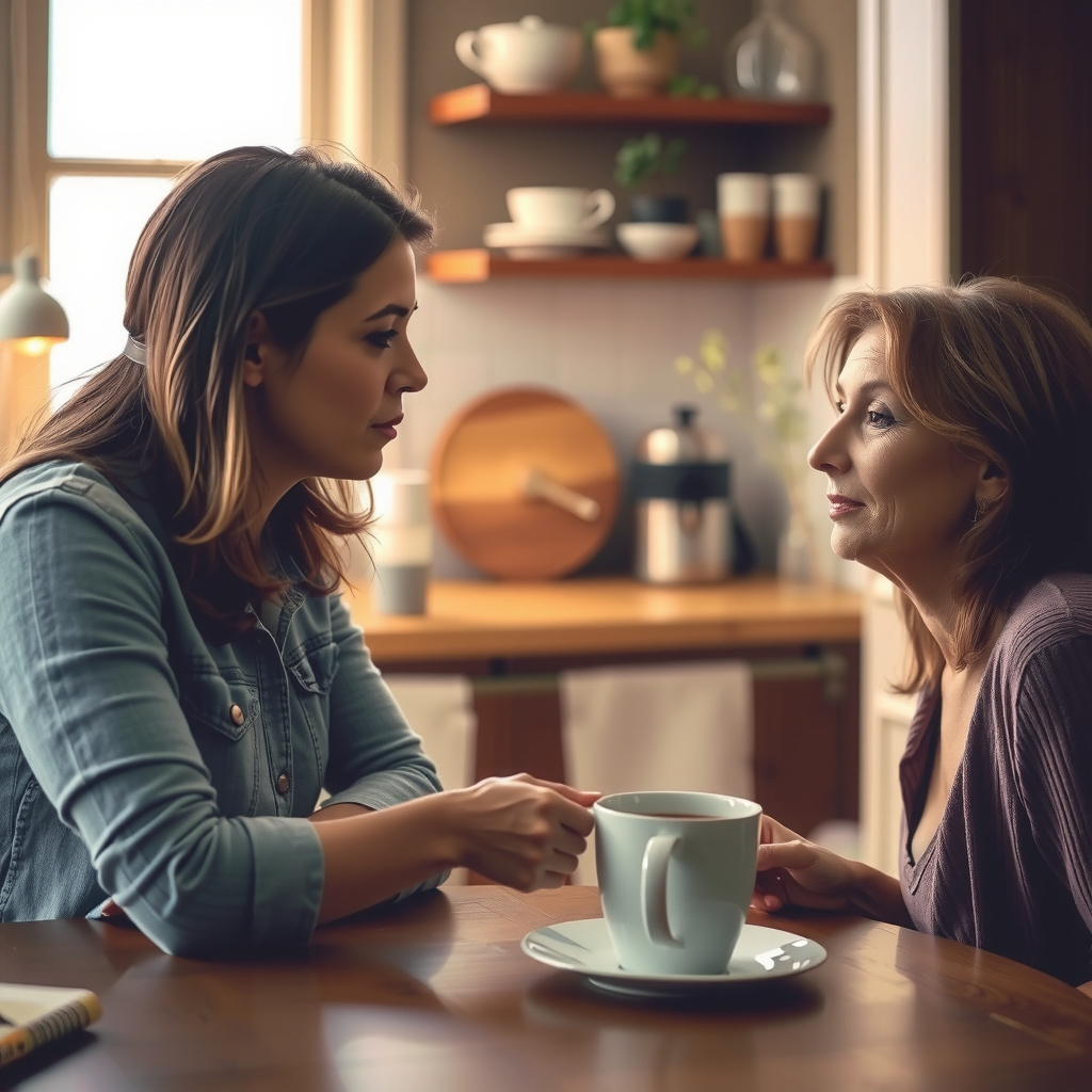 Duas mulheres adultas em conversa sincera e acolhedora, simbolizando a importância da comunicação e do respeito na vida sexual e nos relacionamentos.