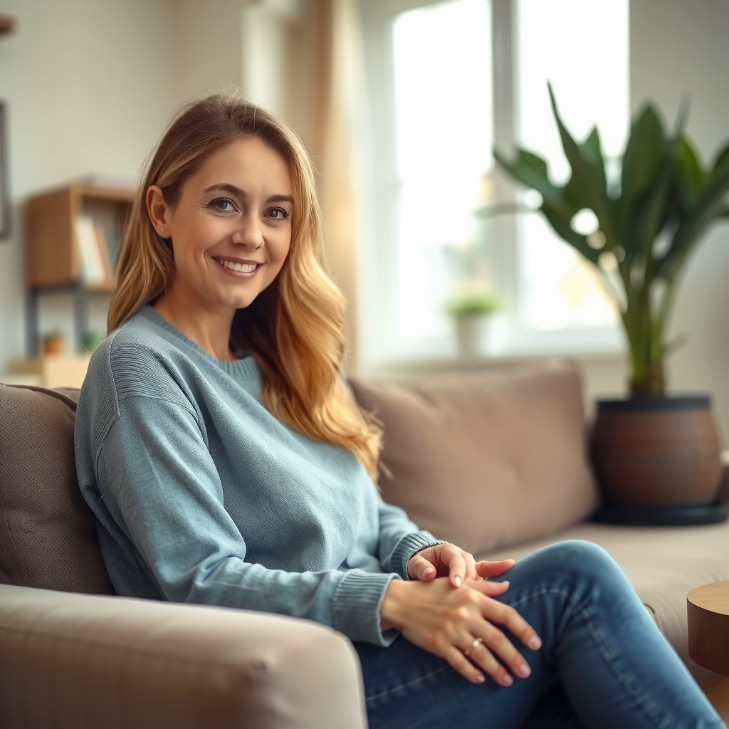 Mulher adulta sorrindo e relaxada em um ambiente aconchegante, representando bem-estar e confiança no contexto do libido feminino.