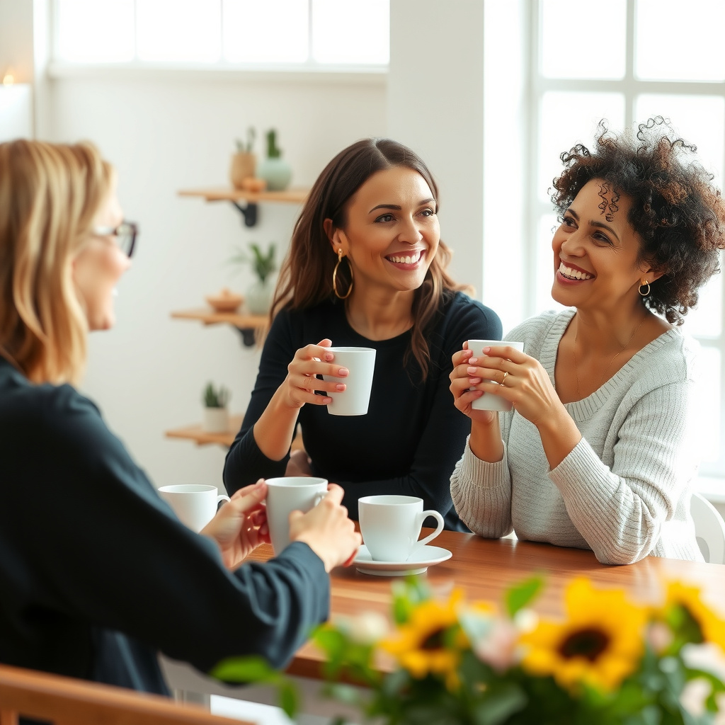 Grupo de mulheres adultas em conversa sincera e de apoio, representando a importância dos relacionamentos para a saúde sexual feminina.