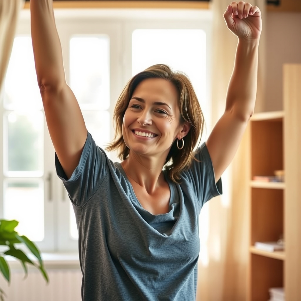 Mulher adulta sorrindo e se alongando em ambiente claro, representando bem-estar e vitalidade para a libido feminina.