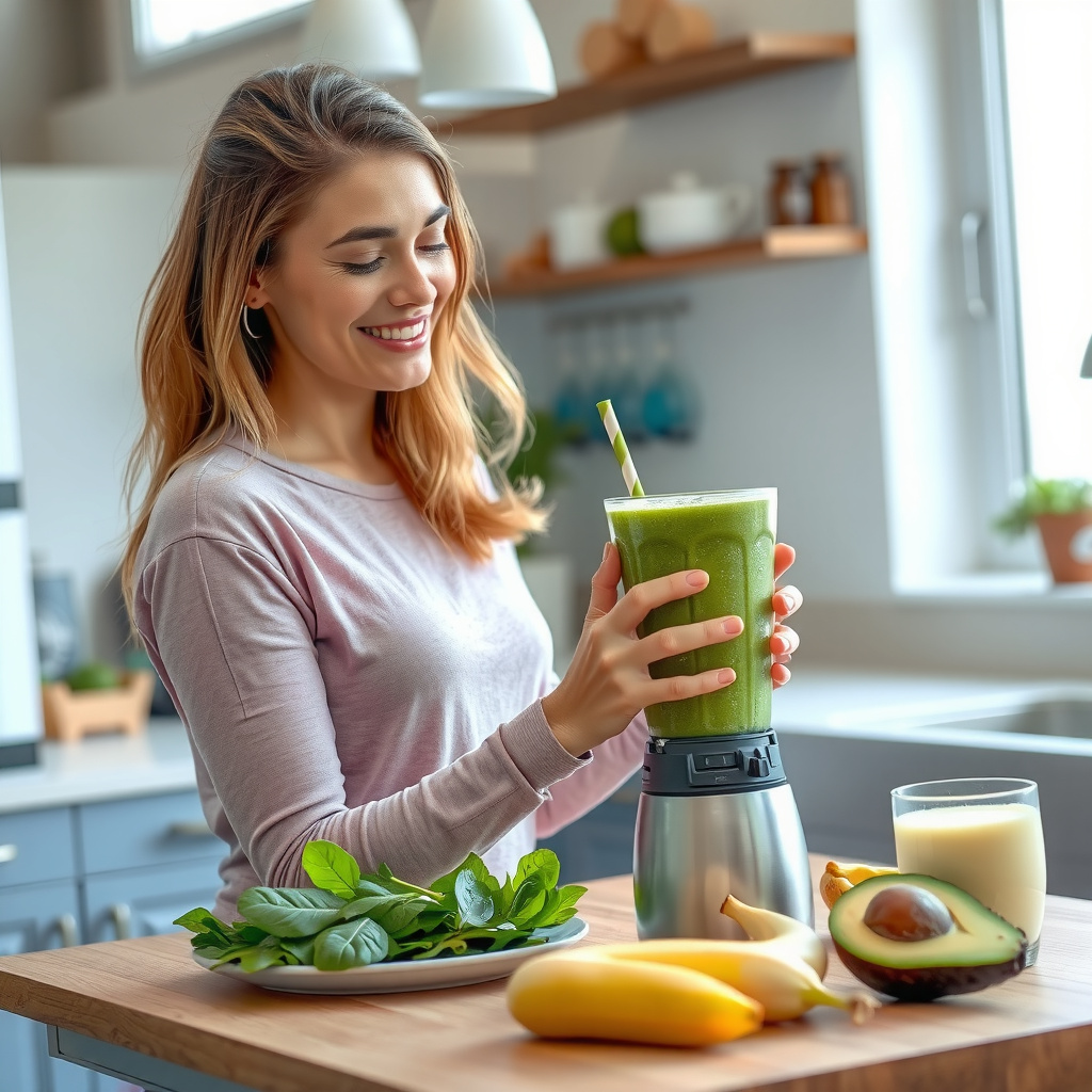 Mulher adulta preparando um smoothie verde energético em uma cozinha moderna e iluminada.