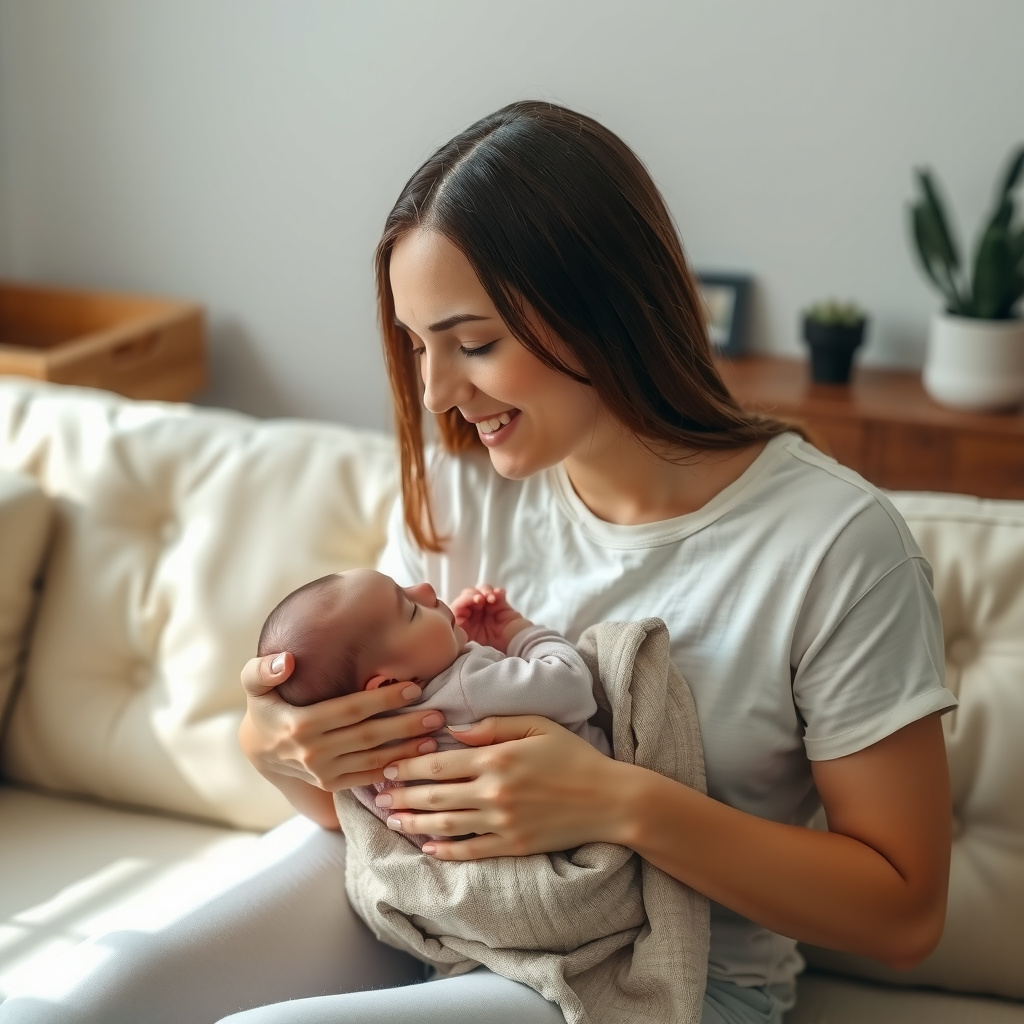Mãe em momento de descanso com seu bebê recém-nascido no colo, representando a intimidade pósparto sem sobrecarga.