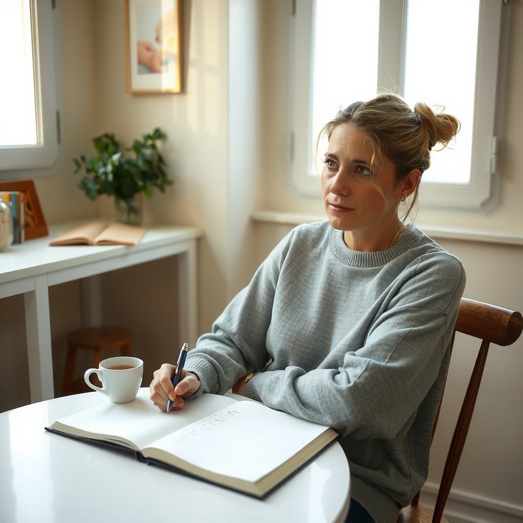 Mulher planejando suas rotinas e autocuidado em um caderno, estratégia para organizar a vida pósparto.
