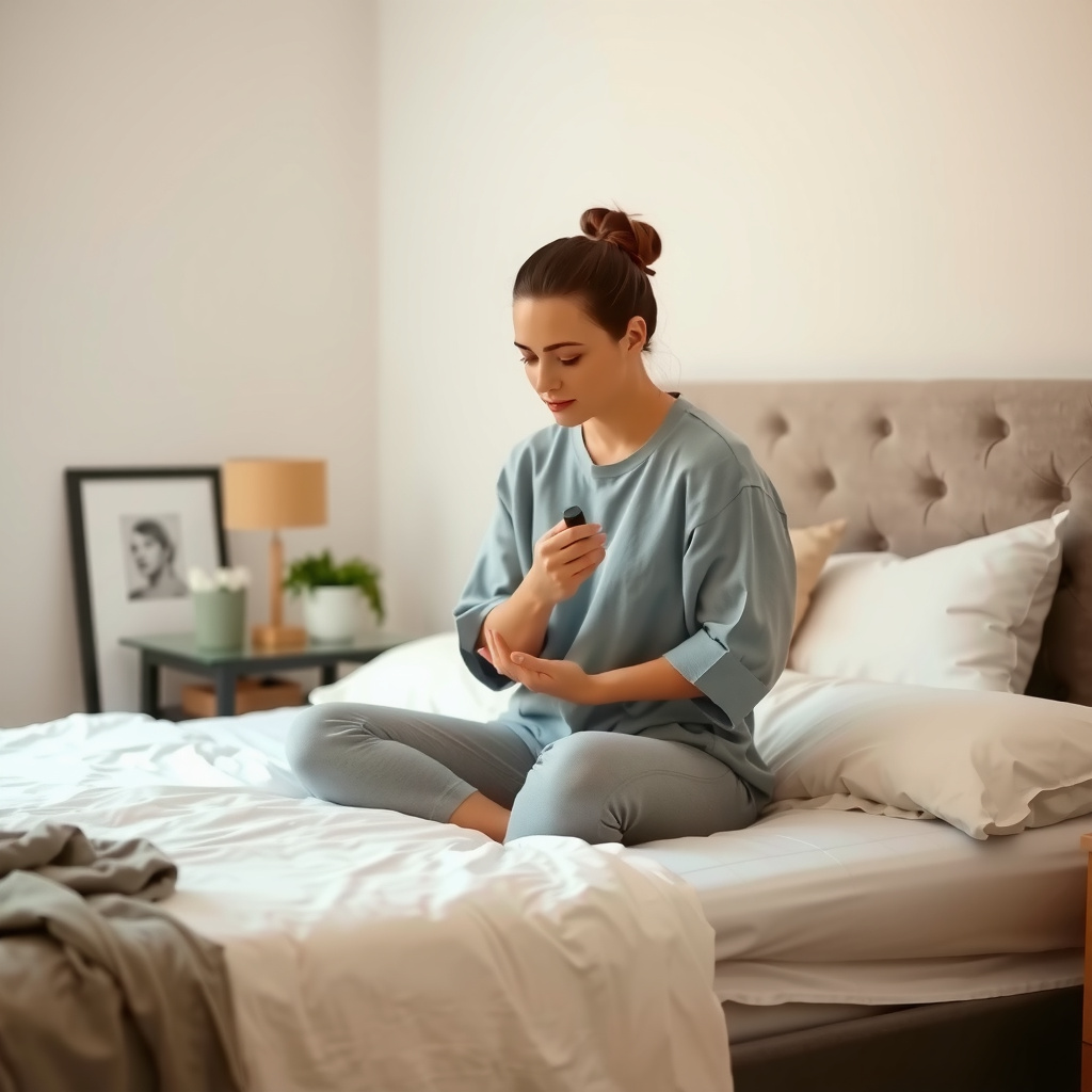 Mulher praticando um pequeno ritual de autocuidado com hidratante, exemplo de cuidado pessoal pósparto.