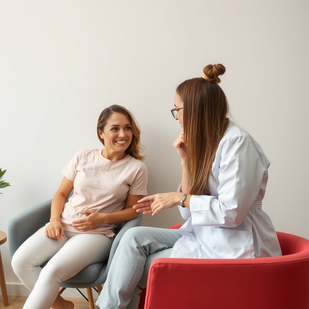Mulher em consulta médica conversando com profissional de saúde sobre saúde íntima no pós-parto.