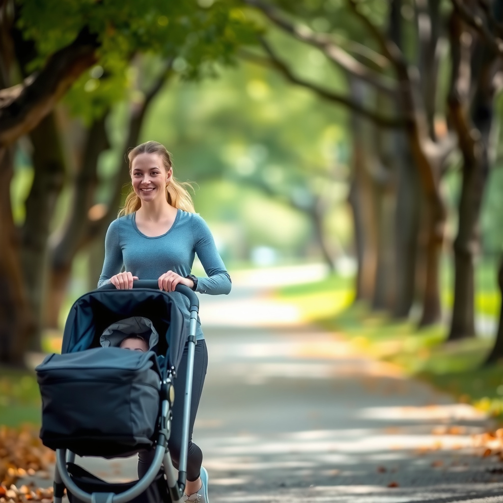 Mulher praticando caminhada leve ao ar livre empurrando o carrinho do bebê, representando atividade física suave no pós-parto.