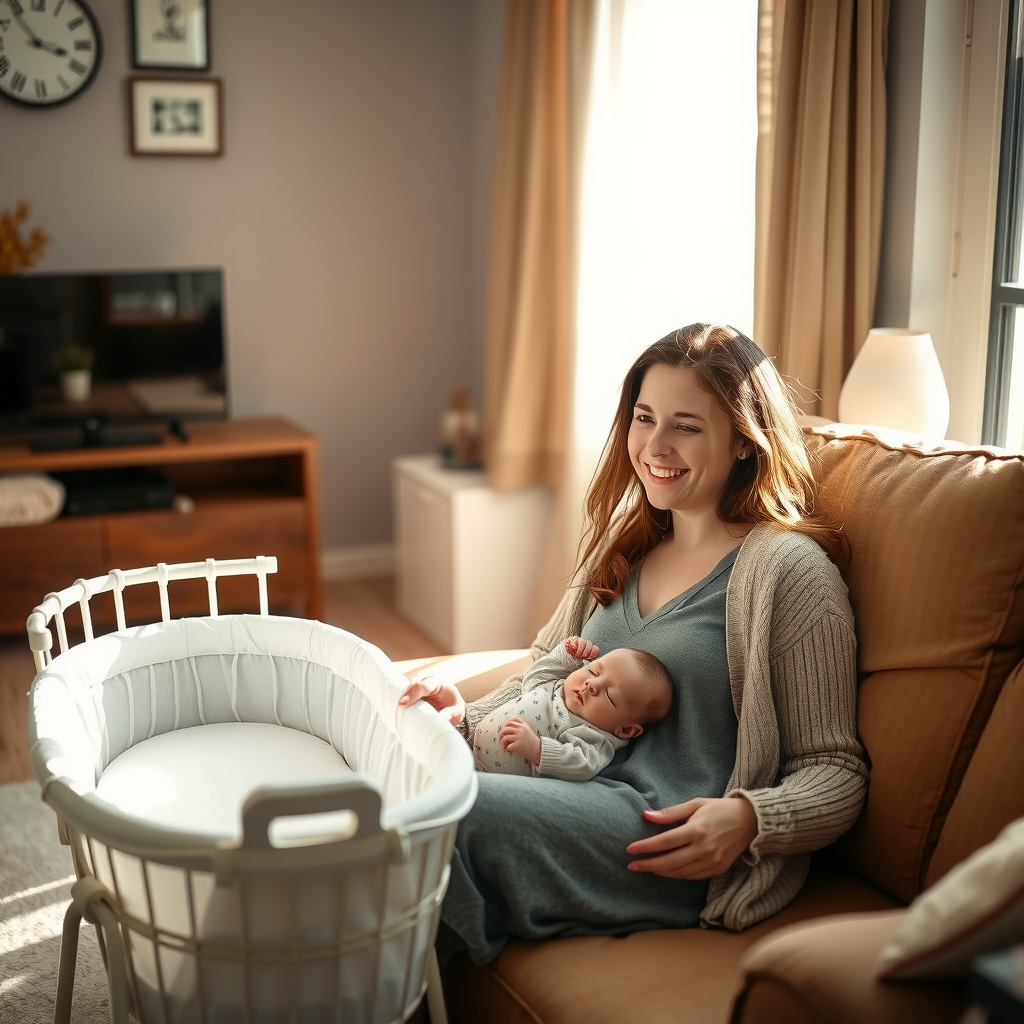 Mãe sorridente e tranquila em casa, olhando para seu bebê recém-nascido dormindo, representando bem-estar no pós-parto.