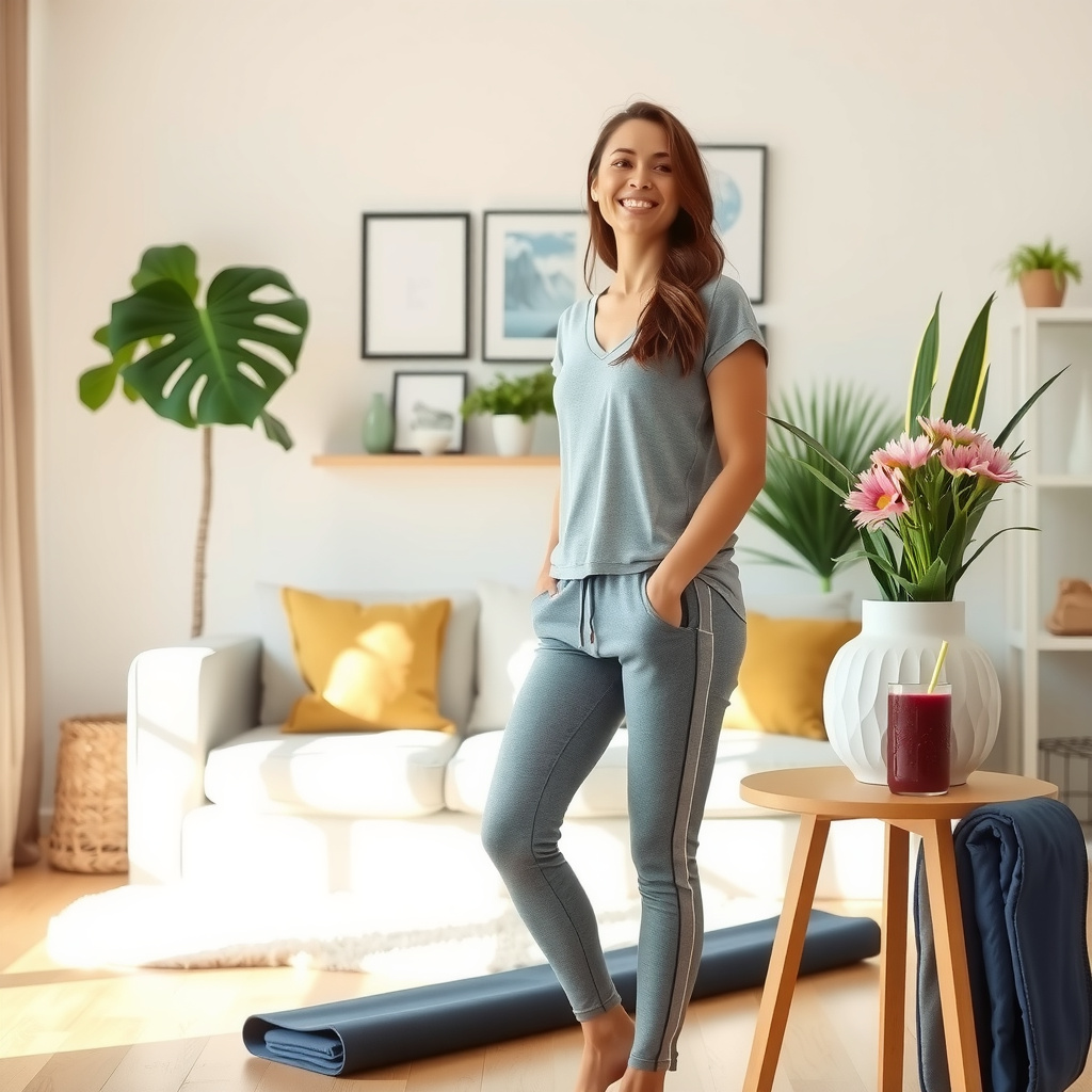 Mulher adulta sorridente em um ambiente doméstico, representando equilíbrio e hábitos saudáveis para a libido.