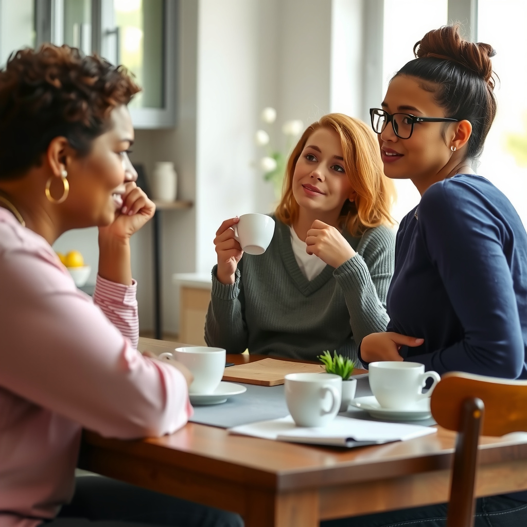 Grupo de mulheres adultas conversando sobre saúde íntima e libido em um ambiente acolhedor.
