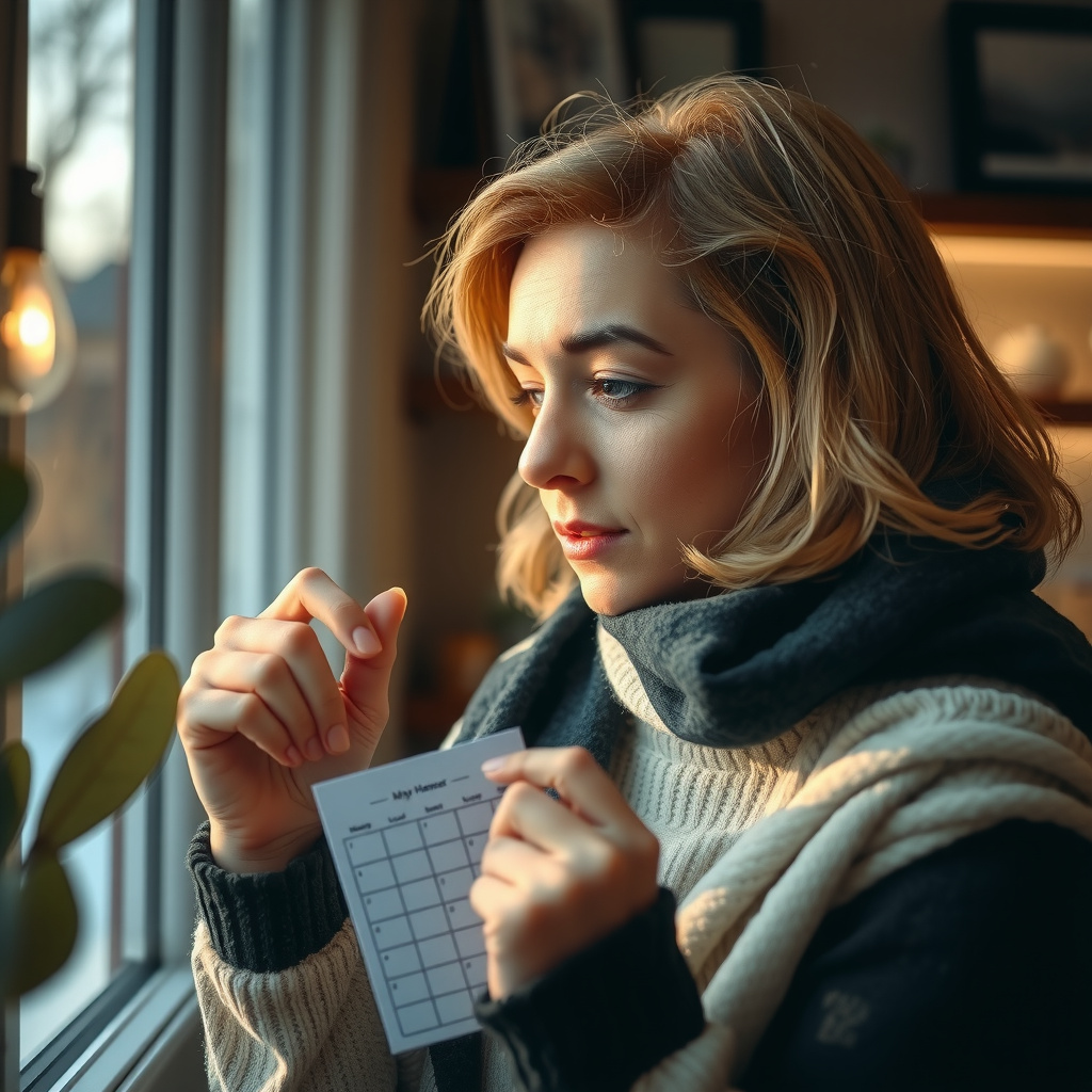 Mulher adulta segurando um organizador de comprimidos diários, refletindo sobre saúde e bem-estar.