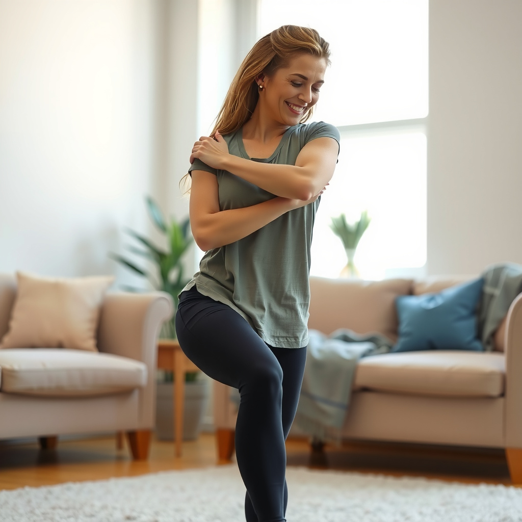 Mulher adulta realizando alongamento de quadríceps em pé na sala de casa durante a manhã, parte da rotina de alongamento matinal de 5 minutos.